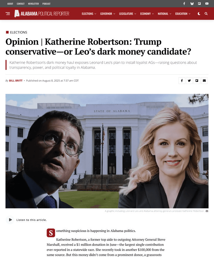Alabama Political Reporter article: Katherine Robertson: Trump conservative—or Leo's dark money candidate?