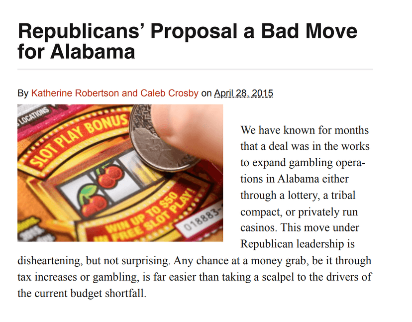 Alabama Policy Institute article showing Robertson's 2015 opposition to gambling